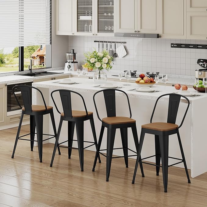Andeworld Metal Bar Stools Set of 2, 24 inch Counter Height Barstools with Ba...