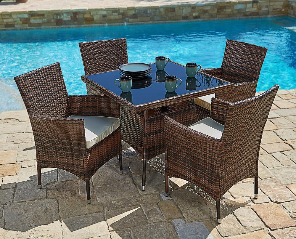 5-Piece Patio Furniture Outdoor Wicker Dining Set Table and 4 Chairs, Square ...