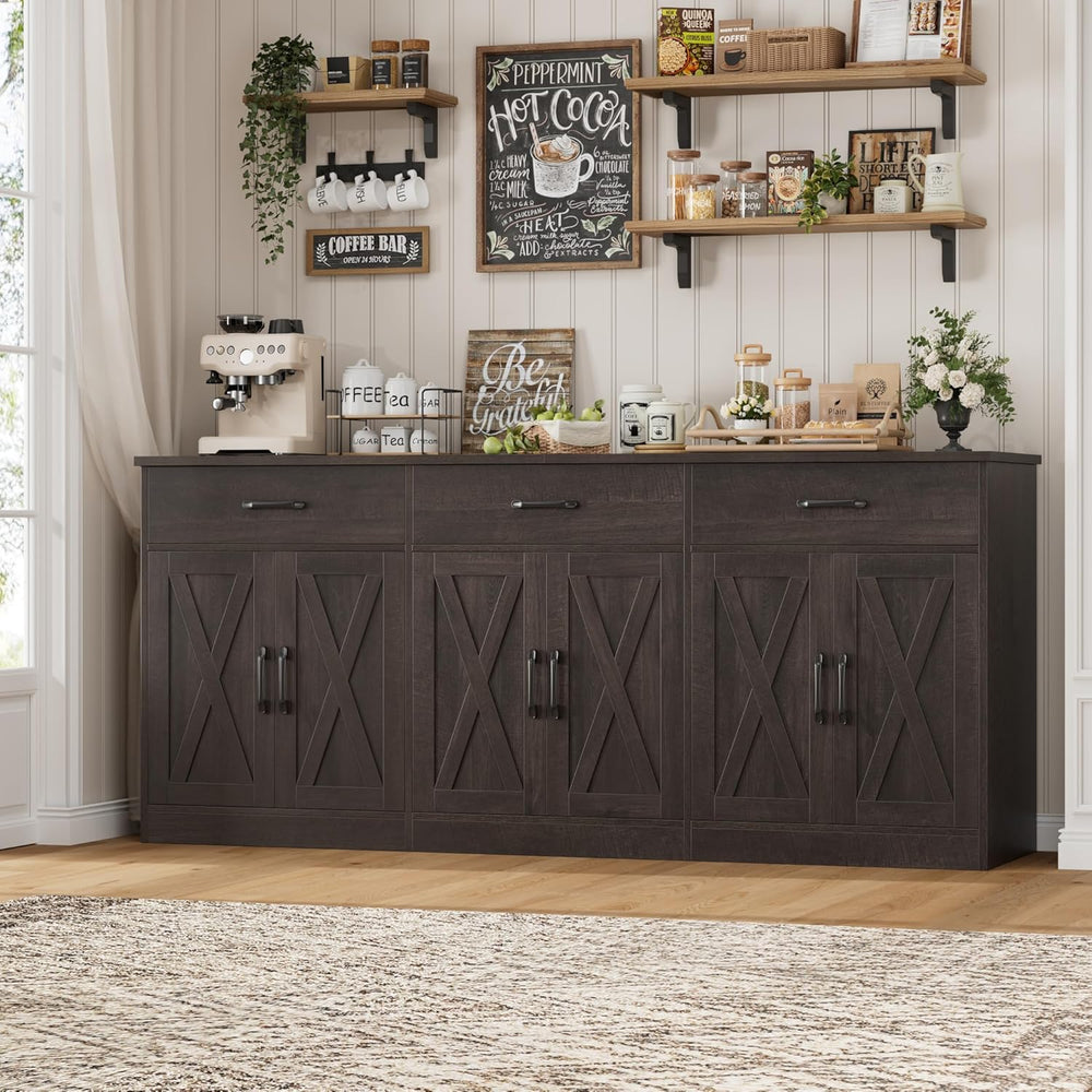HOSTACK 71"W Farmhouse Kitchen Sideboard Buffet Cabinet with Storage, Brown