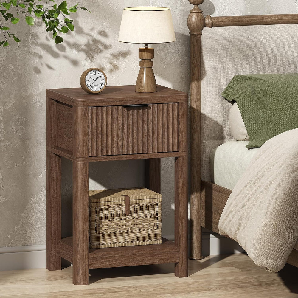 MECHYIN Nightstand Set of 2, Fluted Bedside Table with Drawer & Open Shelf