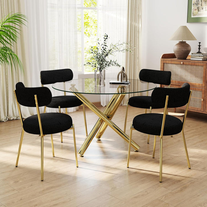 39'' Round Glass Dining Table Set for 4, Gold Modern Kitchen Table with 4 Black Gold Upholstered Dining Chairs, Circle Table and Chairs Set of 4, Easy Assemble