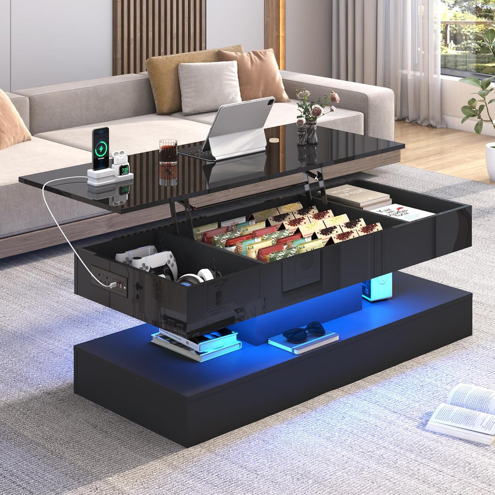 47.2" Large Lift Top Coffee Table,Modern High Glossy LED Coffee Tables f...