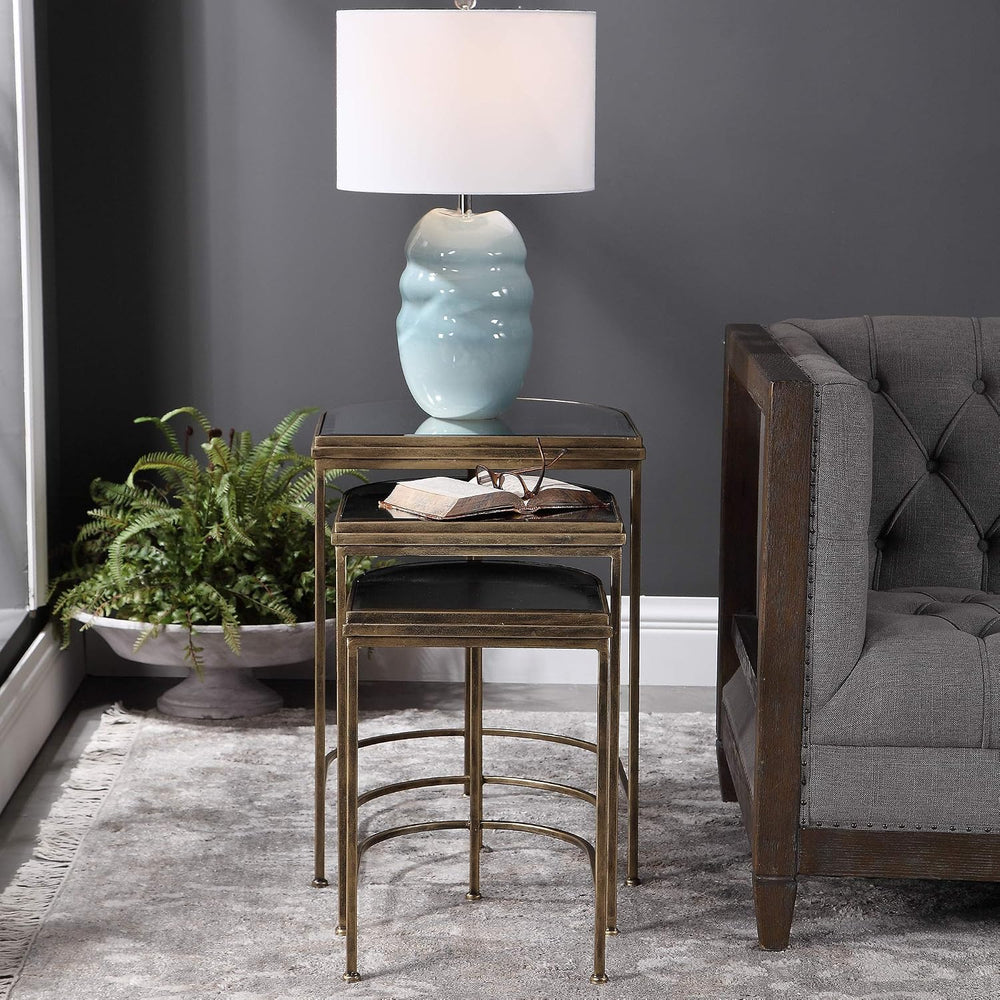 Elegant Demilune Half Oval Nesting Table Set 3 Modern Bronze Metal Mirror Top