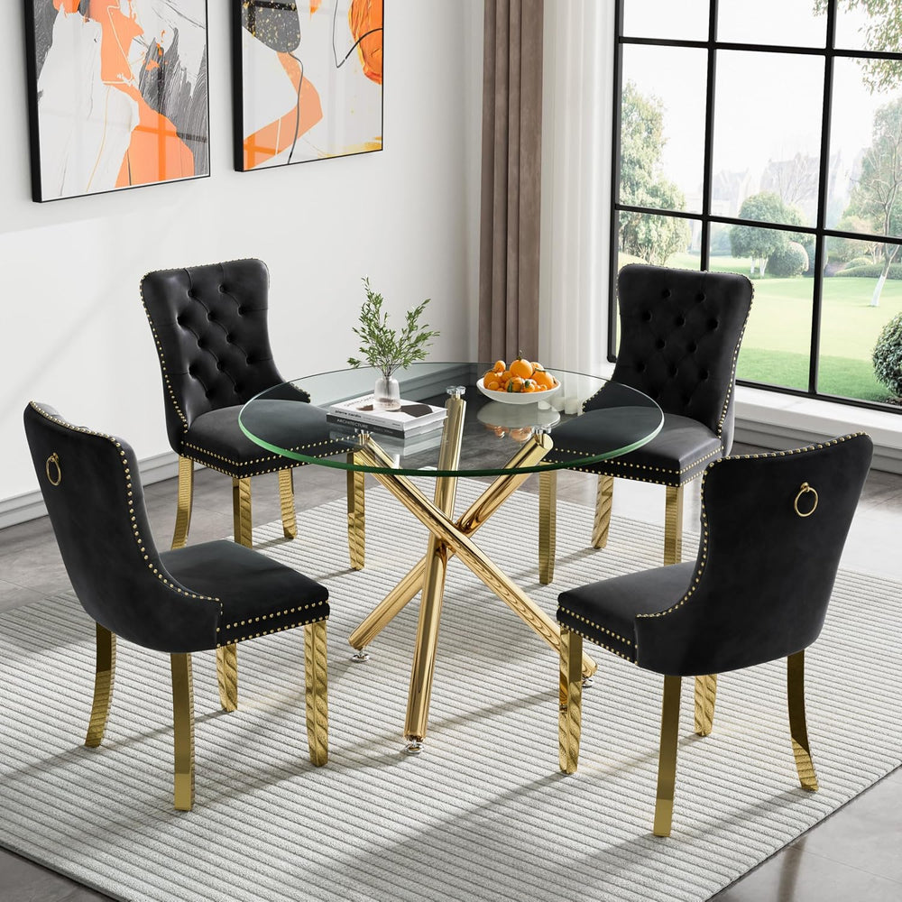 36" Luxury Gold Glass Dining Room Table Set for 4, 5-Piece Round Kitchen...