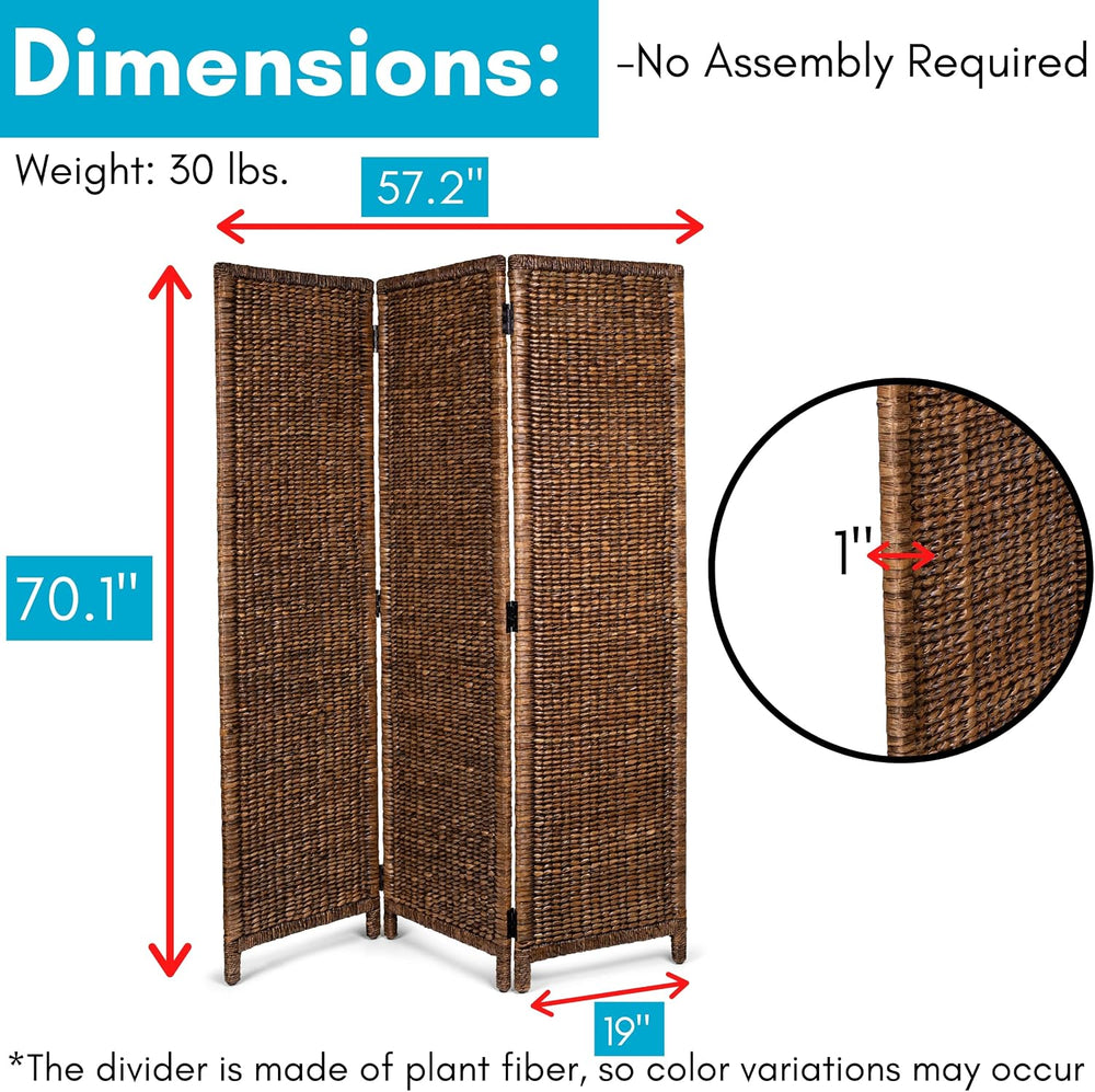 BIRDROCK HOME 3 Panel Seagrass Room Divider, Brown Wash, 57.5” x 70.1”