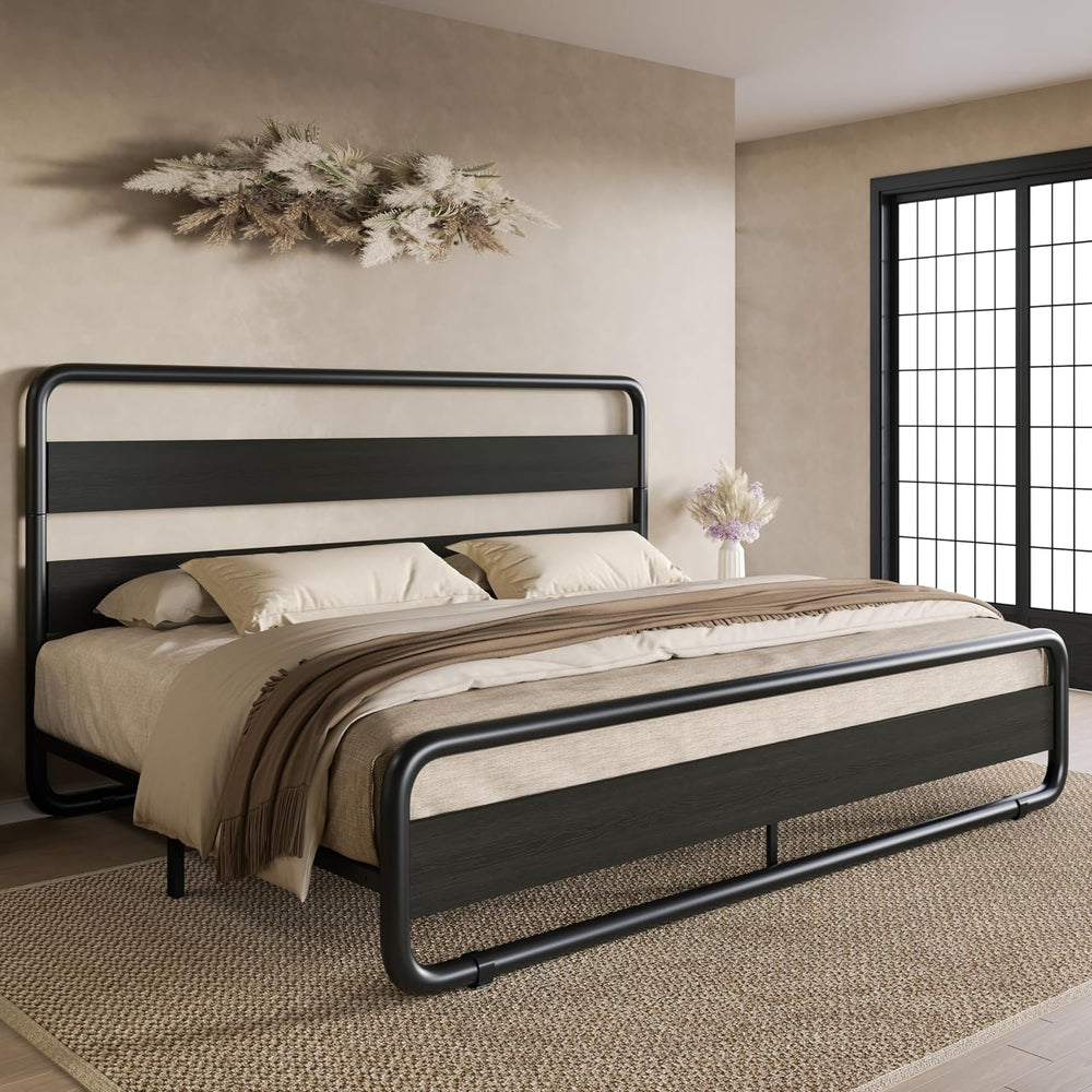 SHA CERLIN King Size Metal Bed Frame with Wooden Headboard, Black