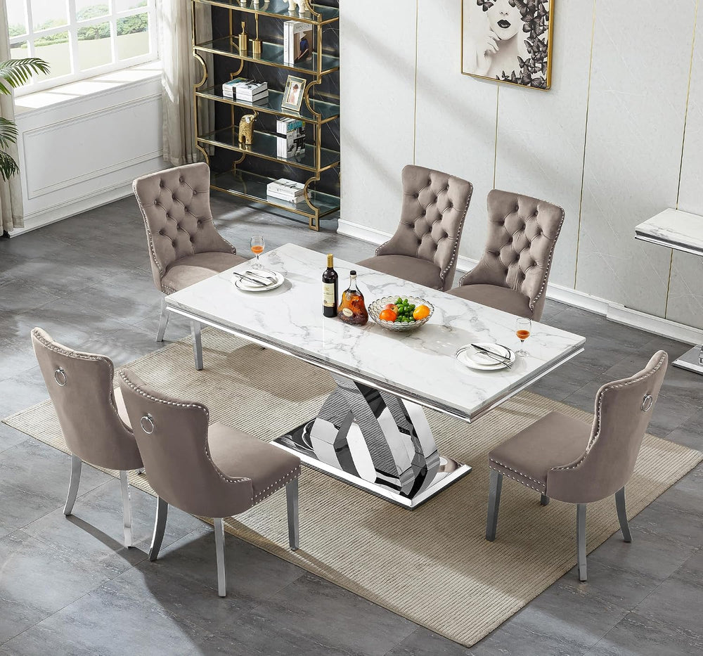 Henf 68" Faux Marble Dining Table Set for 6, 7 Piece Marble Dining Table...
