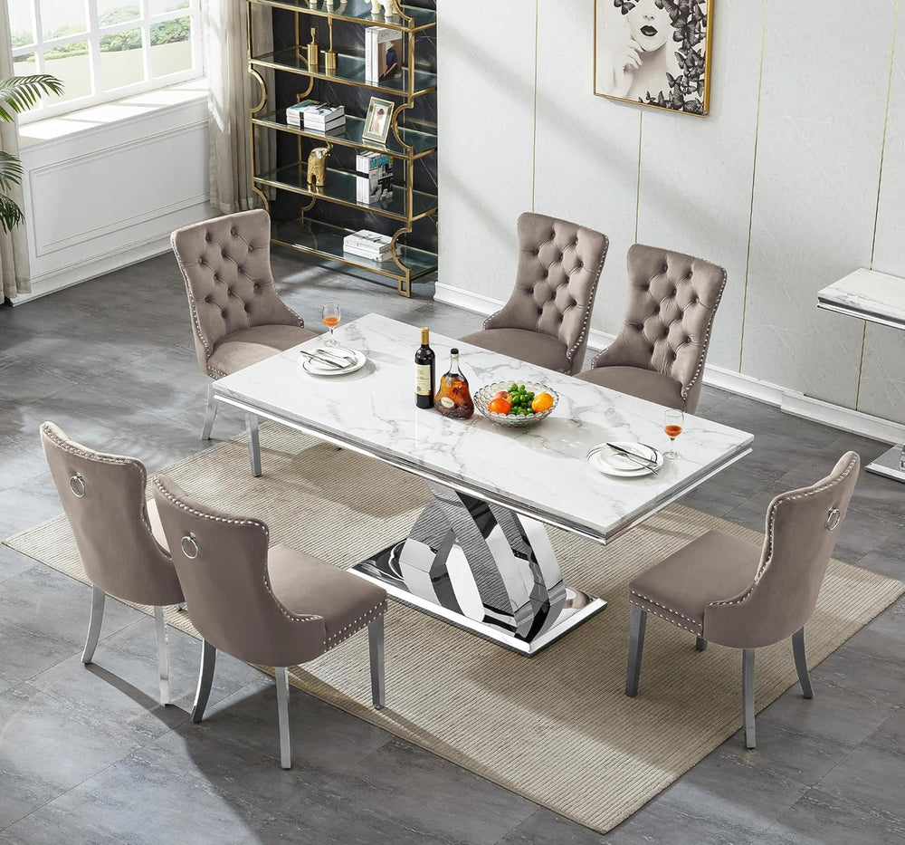 7 Piece Dining Table Set with Chairs, Faux Marble Dining Table and Gray Chair...