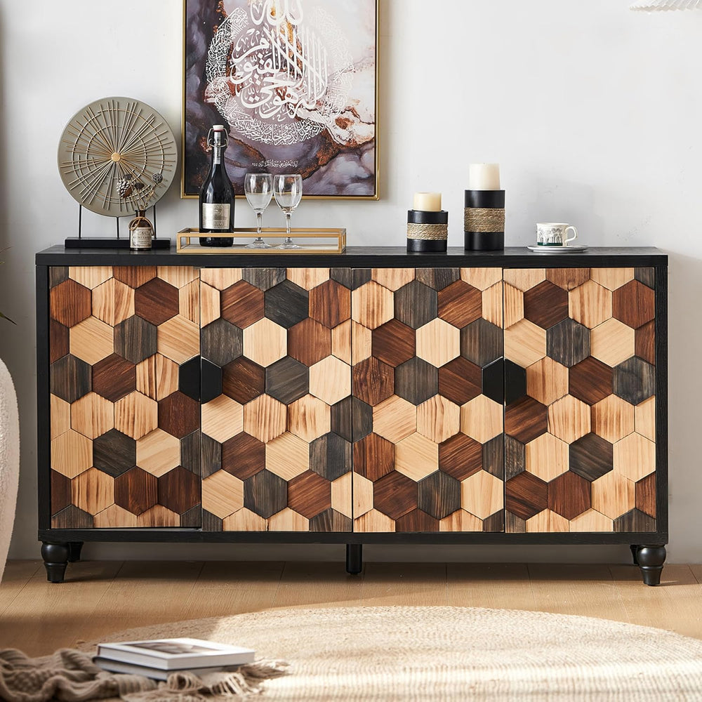 60" Geometric Sideboard Buffet Modern Farmhouse Credenza Storage Cabinet...