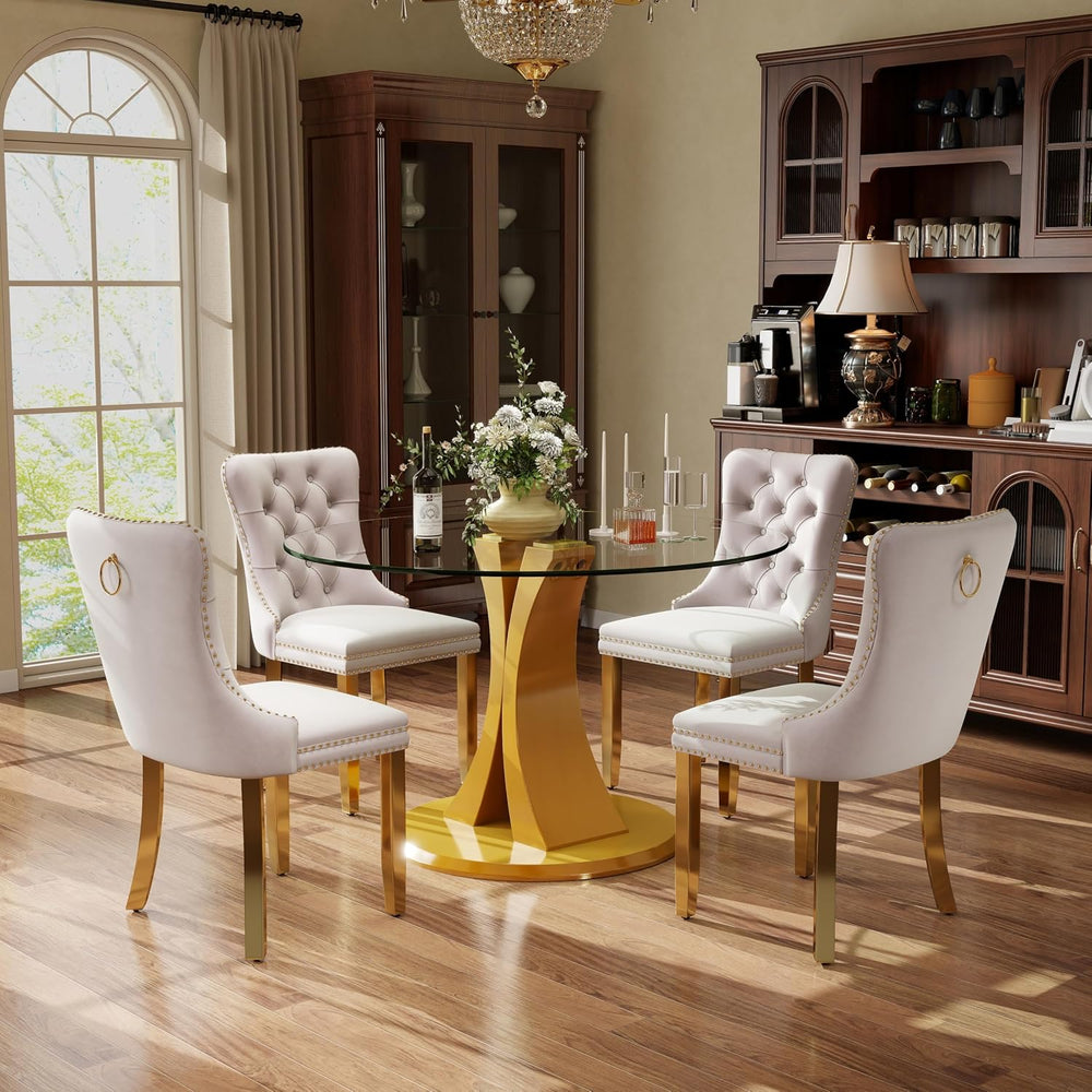 5-Piece Dining Table Set with 39In Tempered Glass Table and 4 Velvet Upholste...