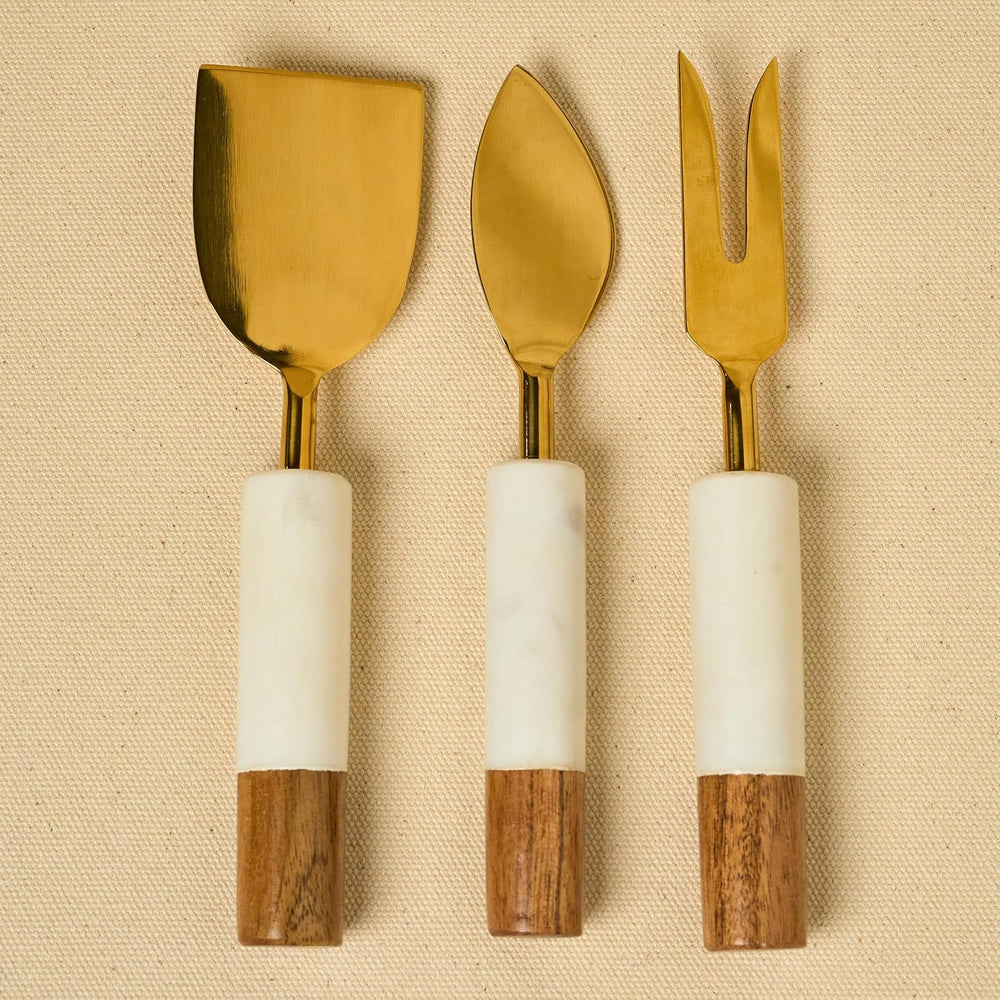 Marble Cheese Board with Wooden Thick Inlay - 3 Knife Set Included Round Char...