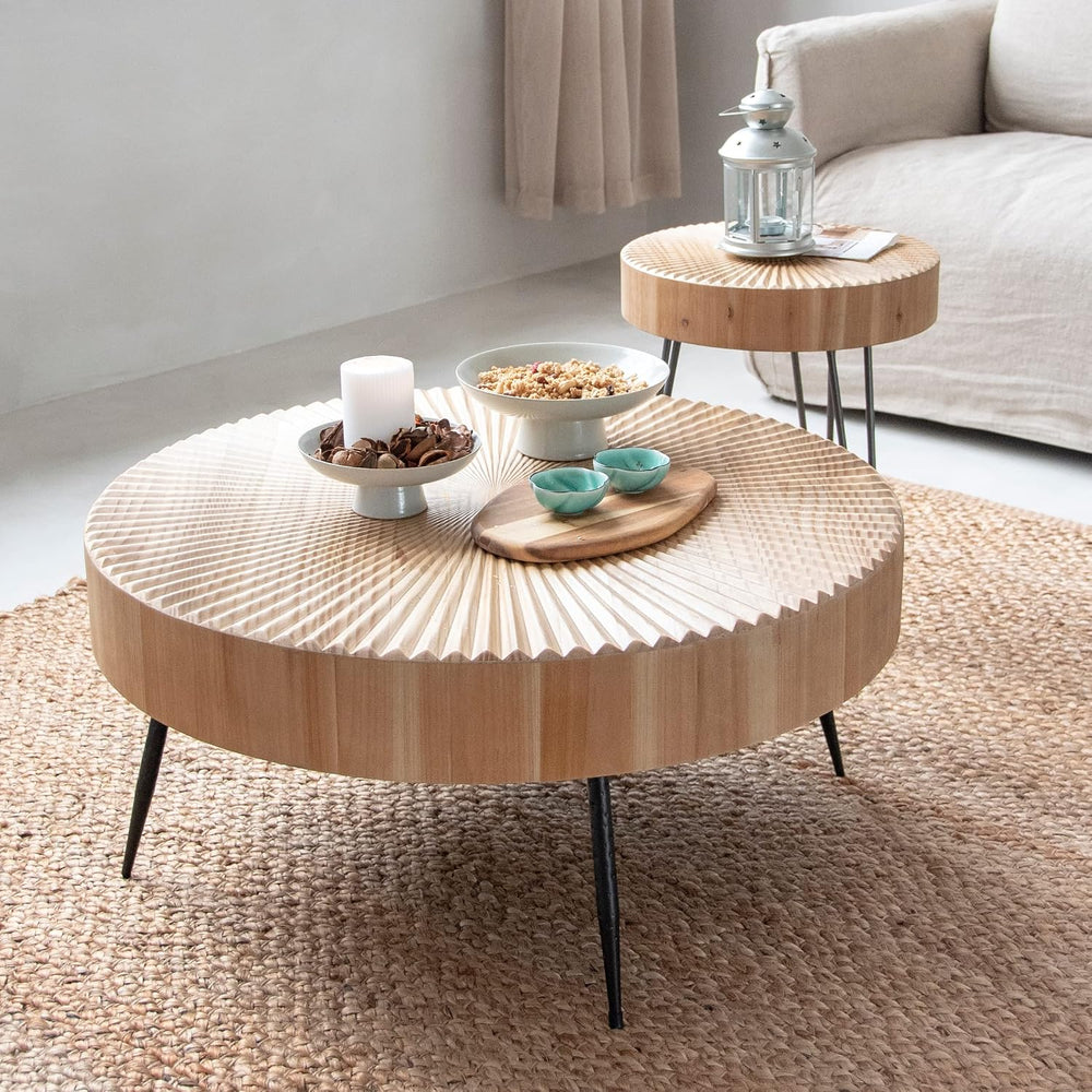 2-Piece Farmhouse Nesting Table Round | with Handcrafted Wood Radial Pattern,...