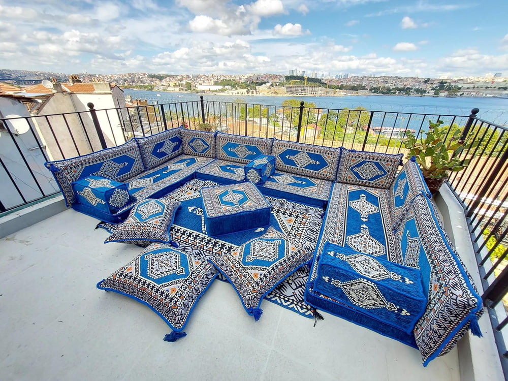 arabicsofa U Shaped Arabic Sofa Set – Royal Blue Modular Floor Seating for Gu...