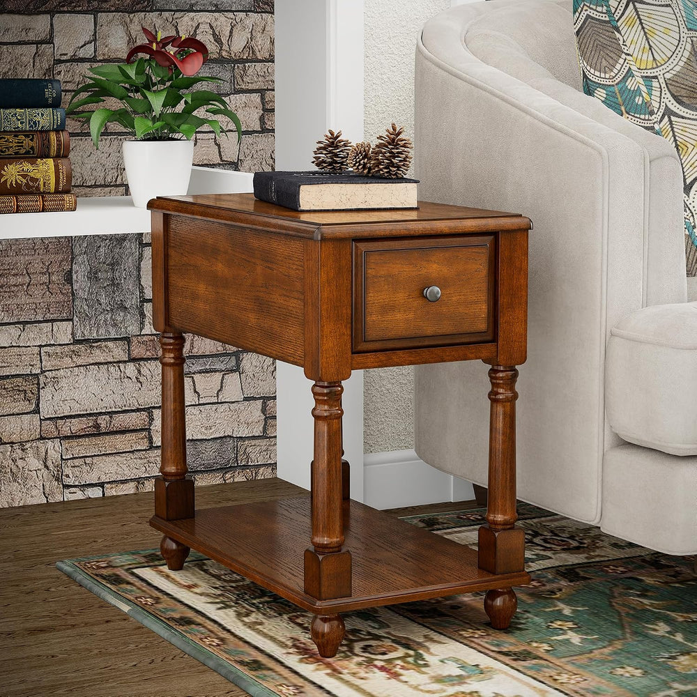 Set of 2 Narrow End Table with Drawer, 2-Tier Tables, Cherry Brown | Skinny E...