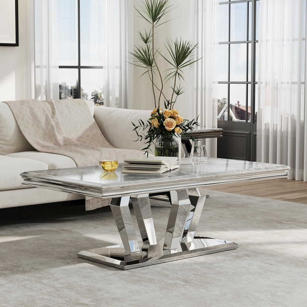 ACEDÉCOR 2 Piece Coffee Table Set with End Table, Modern White and Silver Liv...