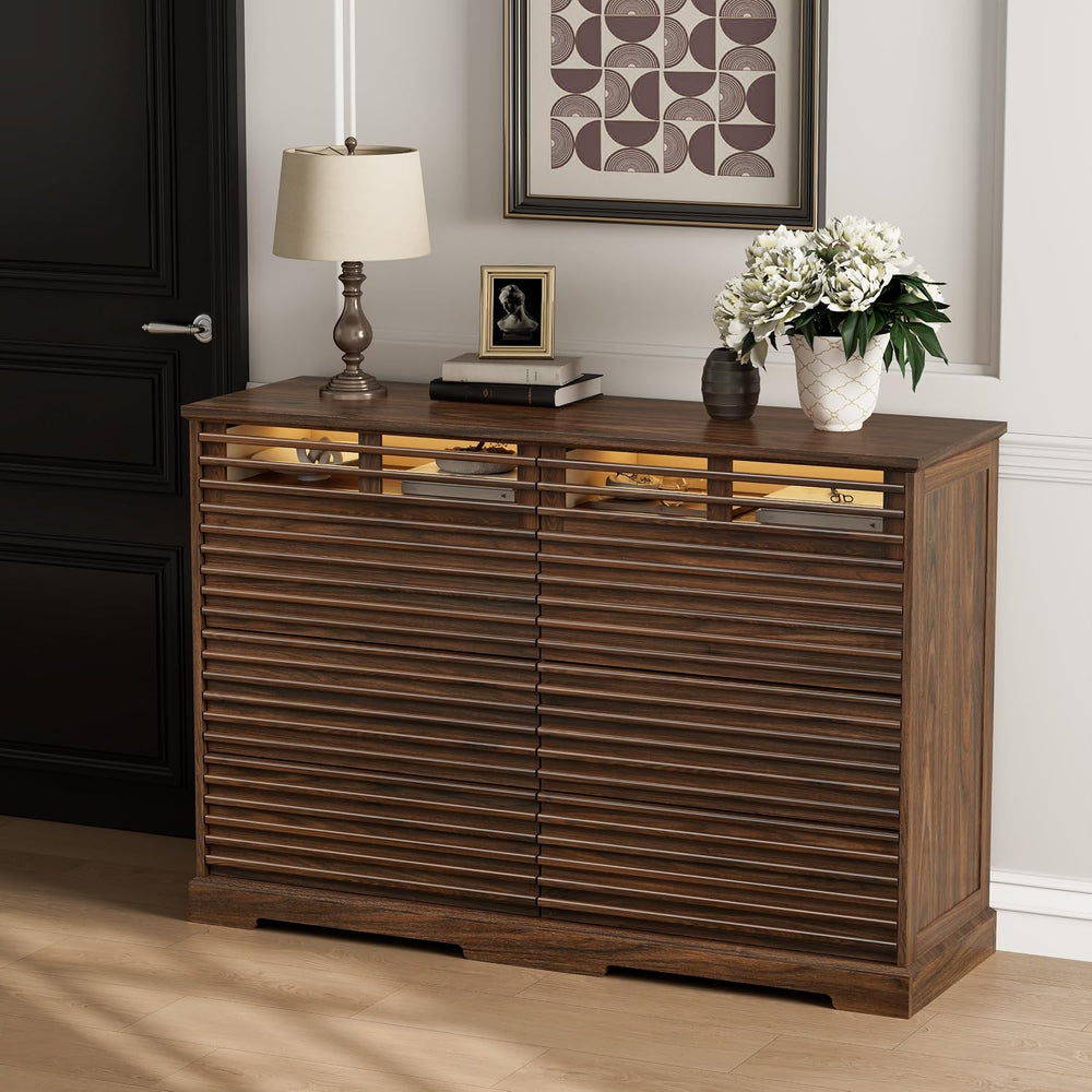 52"W Walnut 8 Drawer Dresser with LED Lights Fluted Dresser for Bedroom