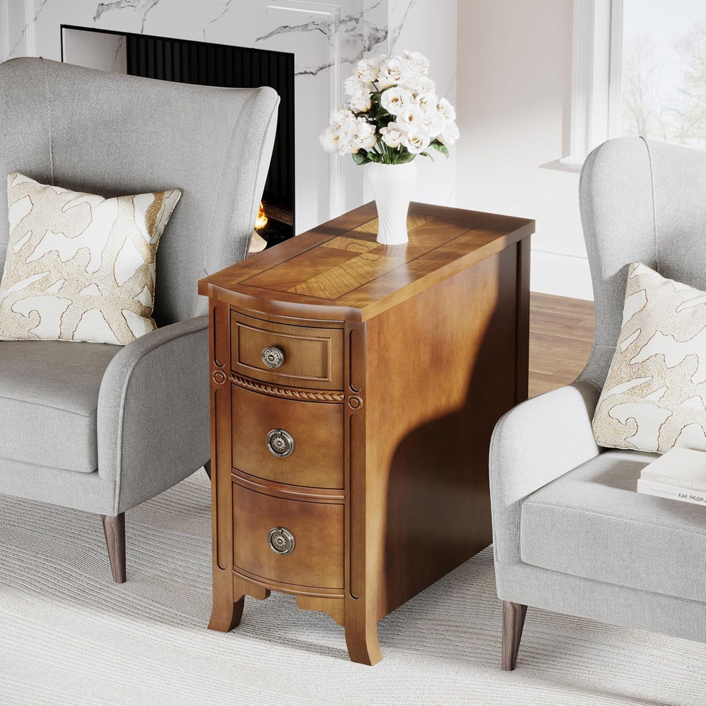 Farmhouse Solid Wood End Table, 3-Drawer Narrow Side Table Slim Chair Table f...