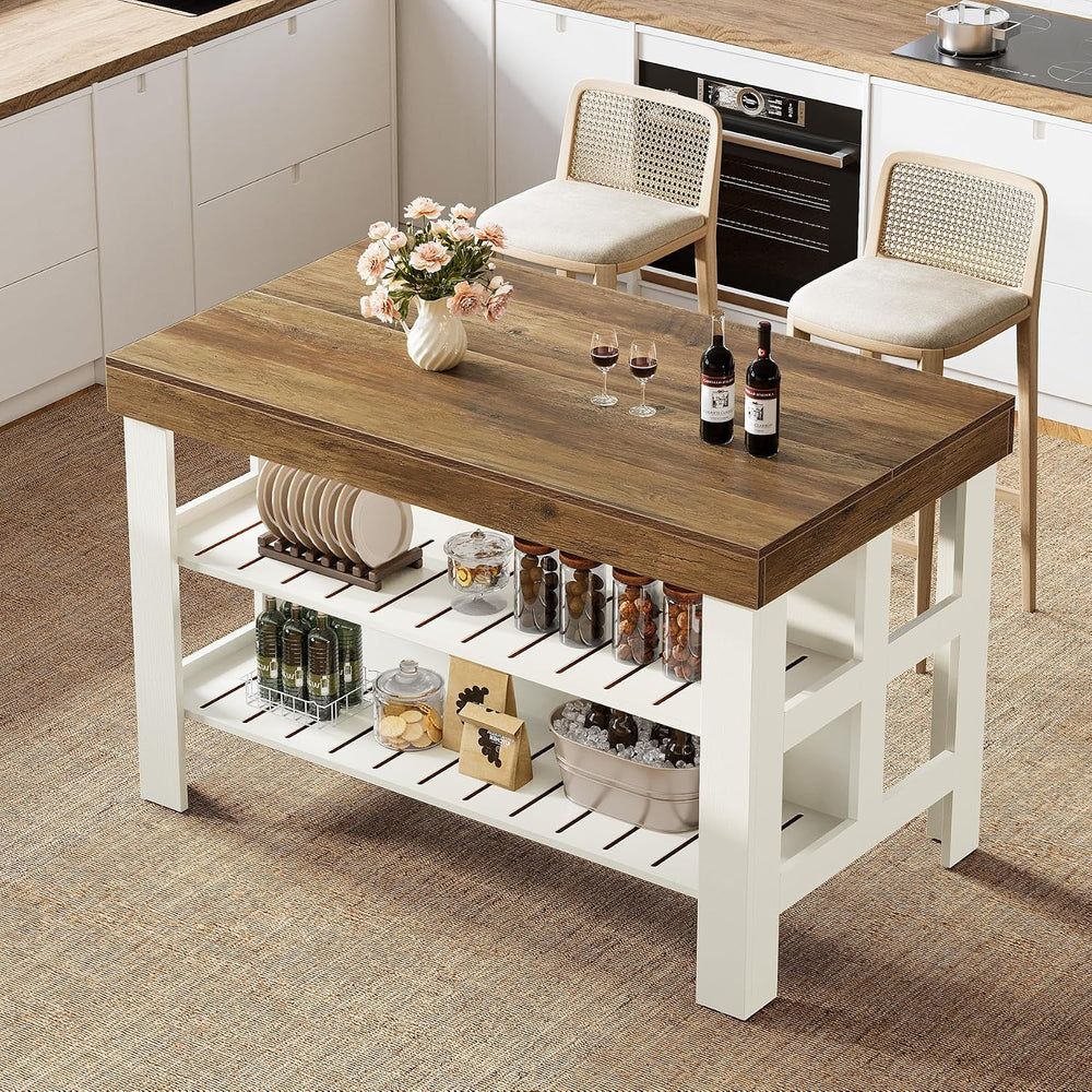Tribesigns Kitchen Island with Storage Shelves, Farmhouse Wooden Stationary I...