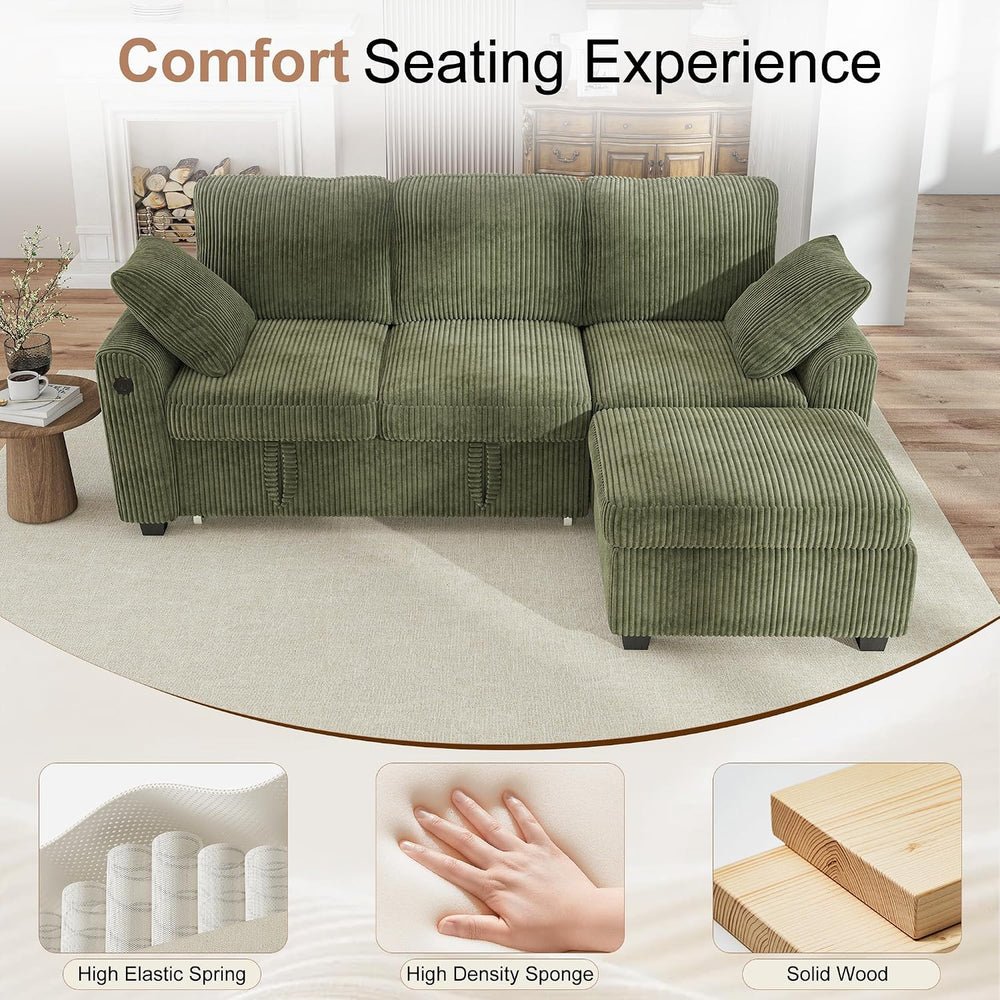 Hanherry 81" Sectional Couch with Pull Out Bed,3 Seat Corduroy Sleeper S...