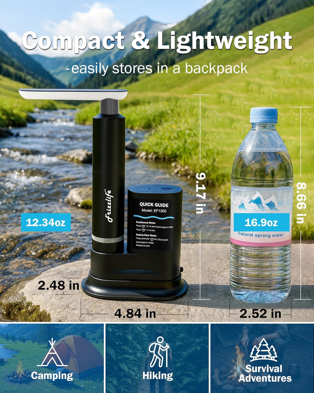 Frizzlife Electric Portable Water Filter for Camping & Emergency, Black