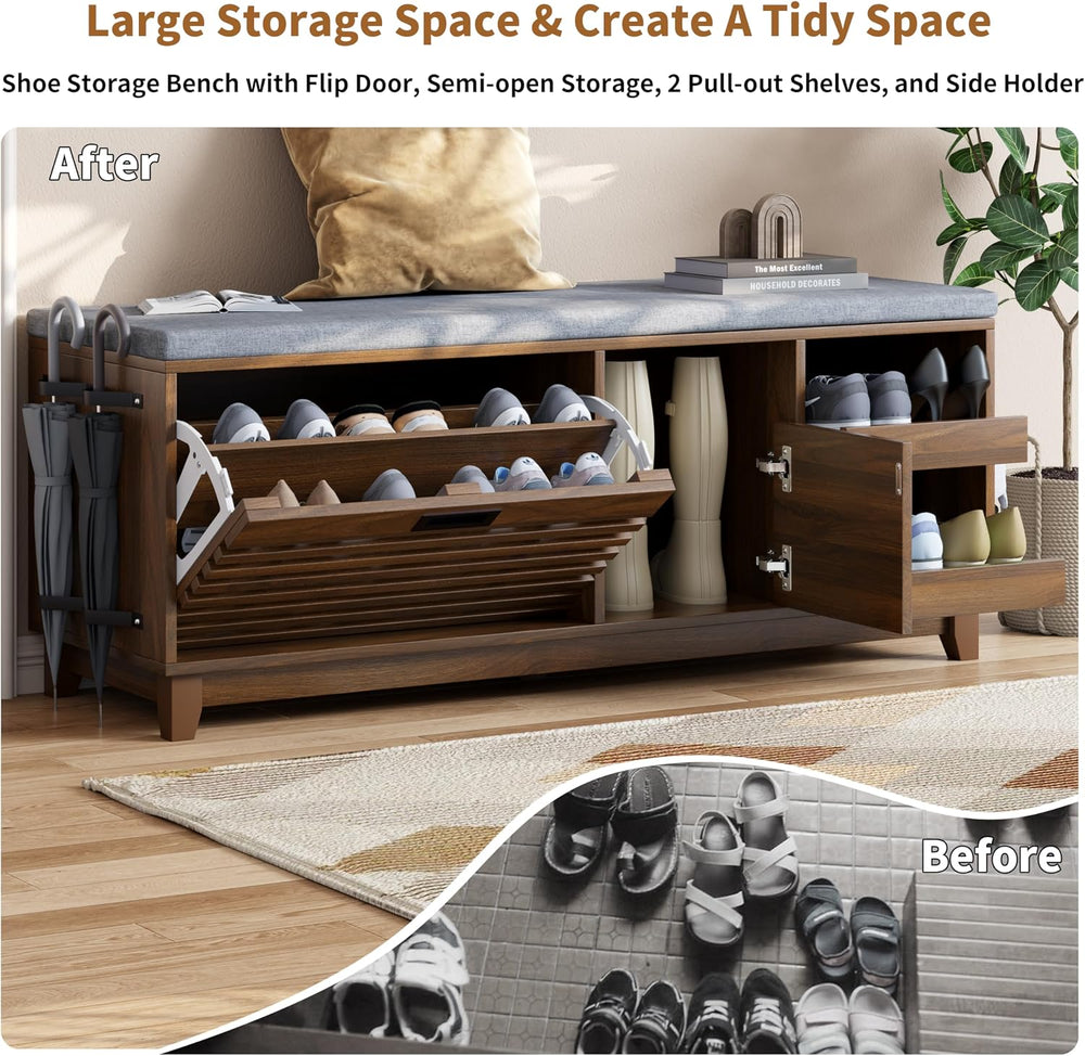Gyfimoie 2-Tier Shoe Storage Bench,47" Entryway Bench with 2 Flip Drawer...