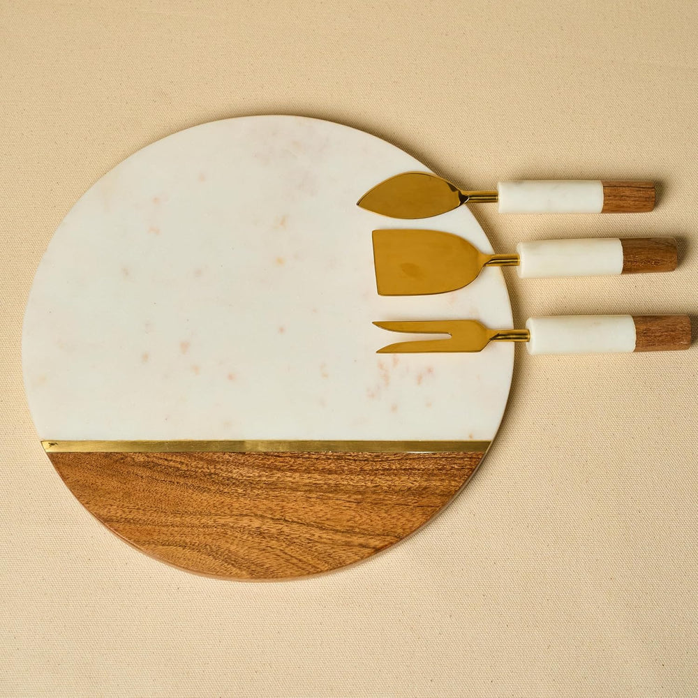 Marble Cheese Board with Wooden Thick Inlay - 3 Knife Set Included Round Char...