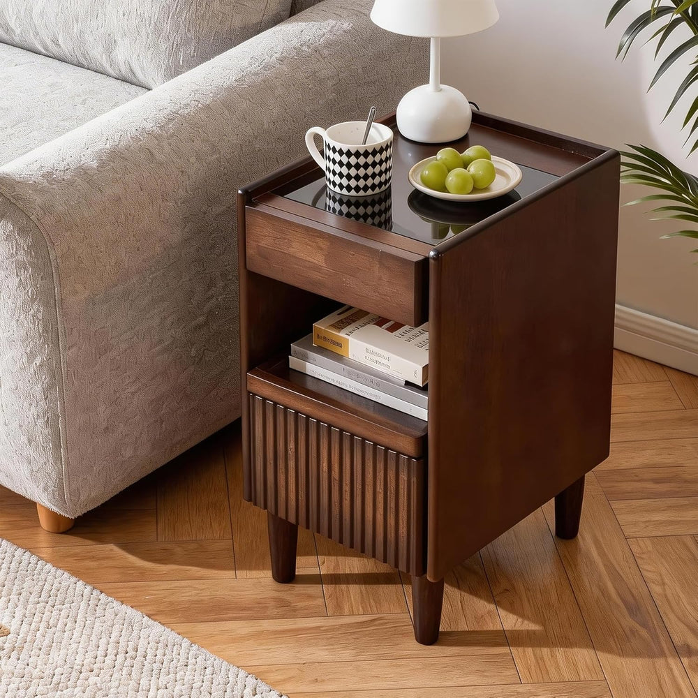 Solid Wood End Table with Glass Top and Drawers, Narrow Nightstand with Pull-...