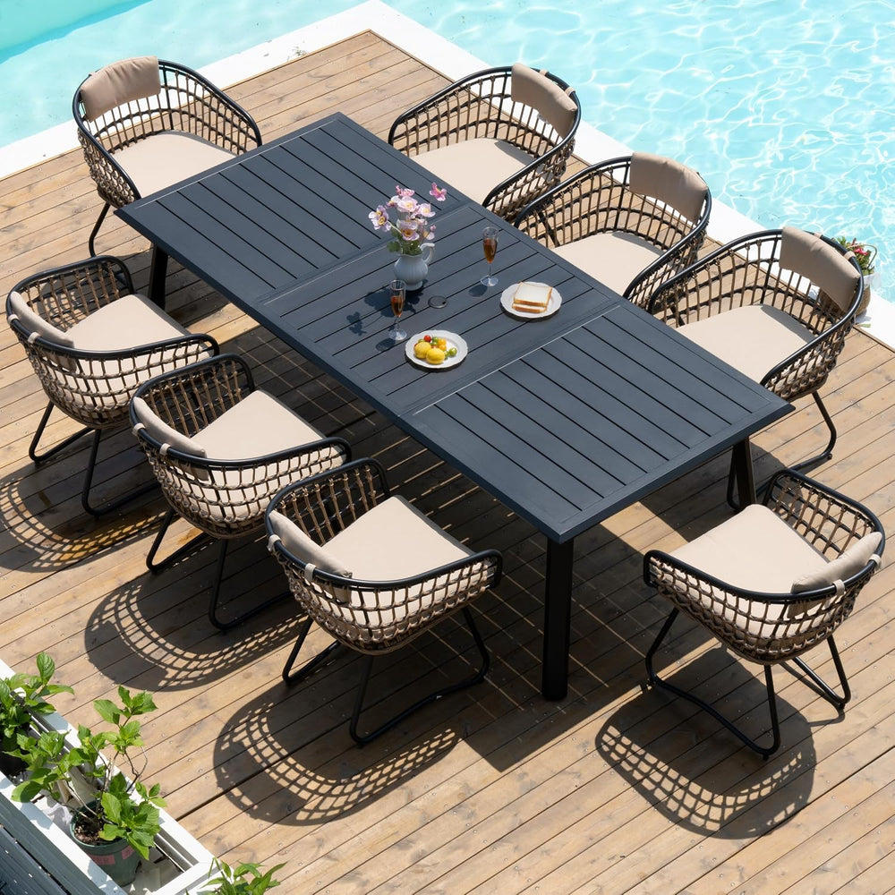 Pellebant 9 Piece Outdoor Dining Set for 8, Aluminum Table & Wicker Chairs