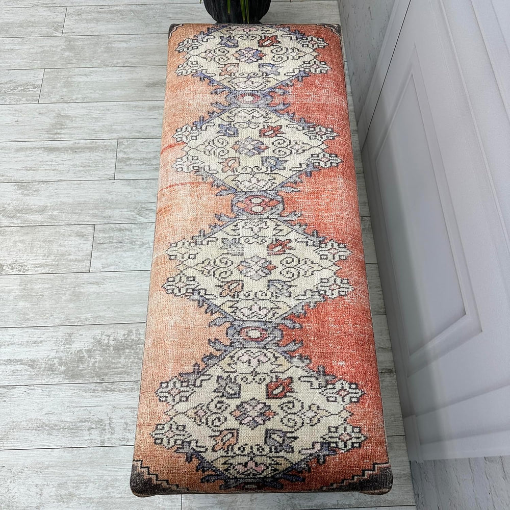 Ottoman Bench with Rug Upholstered Handmade Wood Work for Boho Farmhouse Kitc...