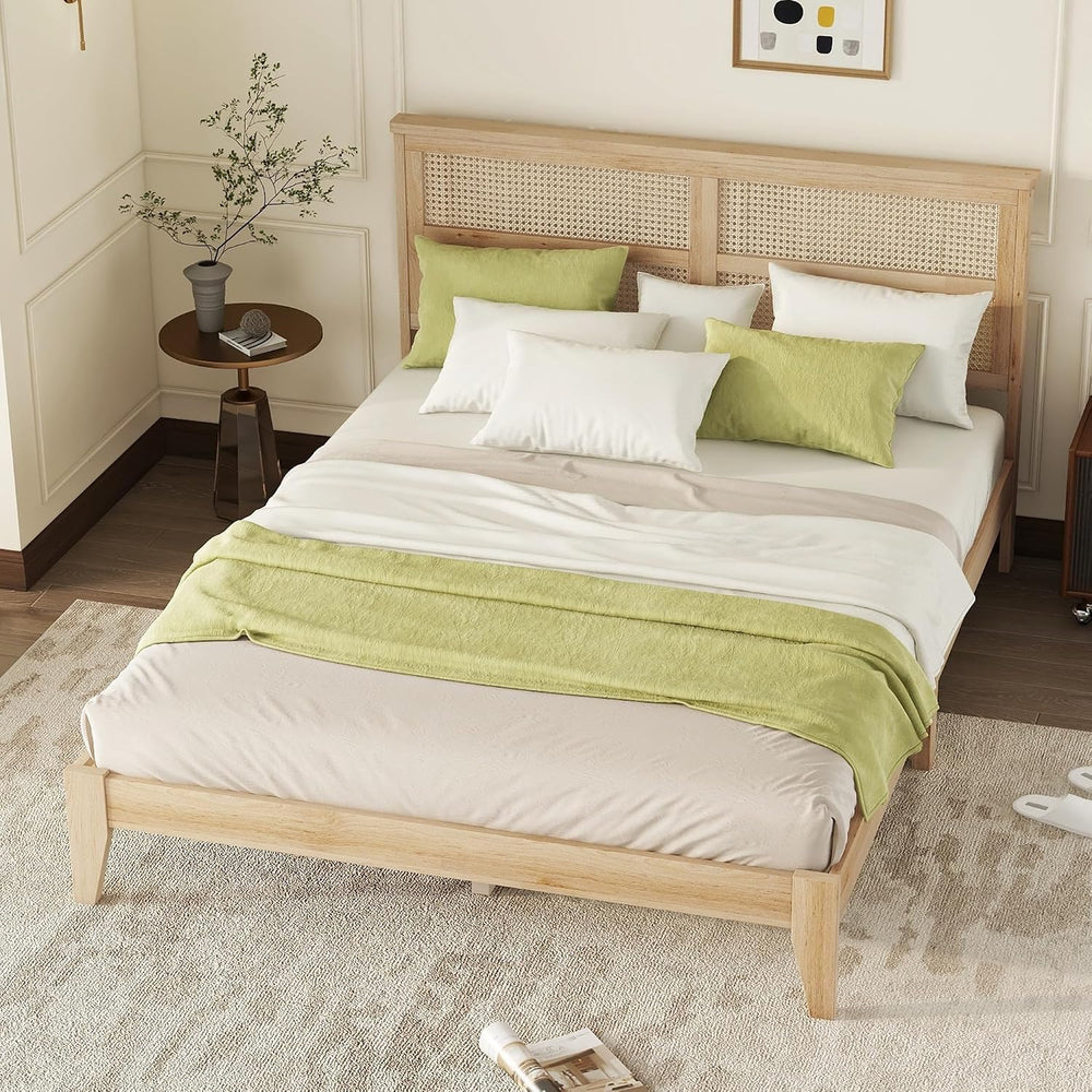 Queen Size Boho Platform Bed Frame with Rattan Headboard