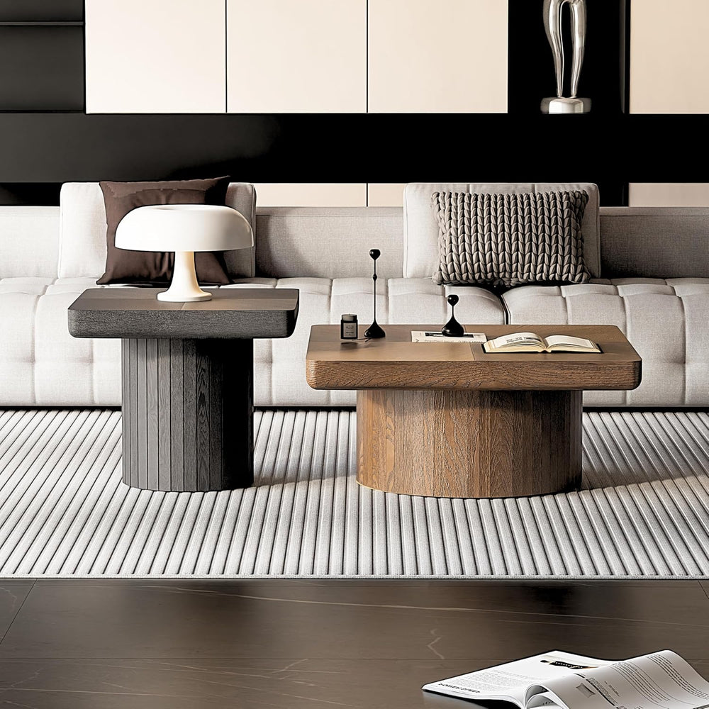 2-Piece Nesting Coffee Table Set, Square Parquet Top Sculptural Base Wood | N...