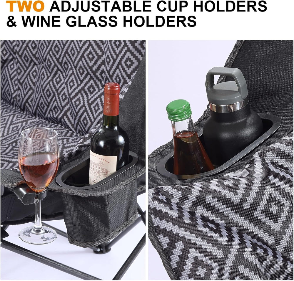 High Back Double Camping Chair Padded Folding Loveseat with Adjustable Pillow...
