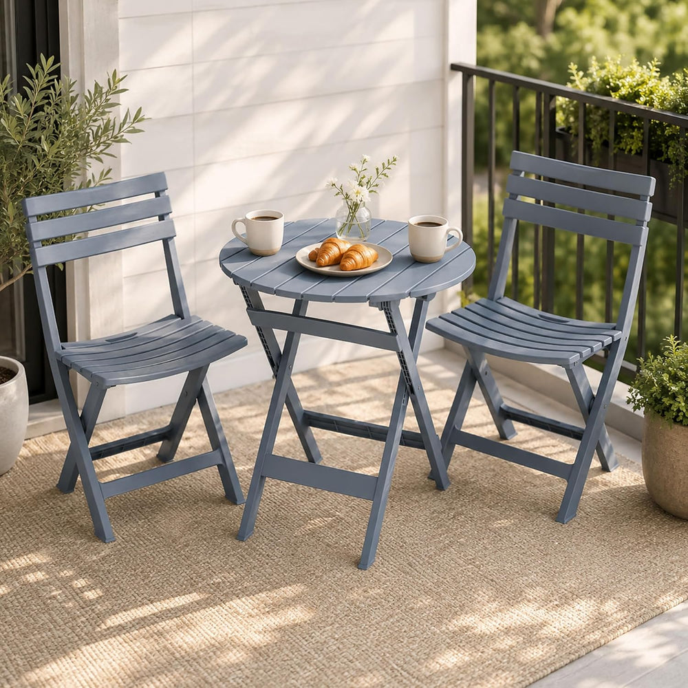 3 Piece Outdoor Bistro Set, Round Folding Patio Table and 2 Chairs, Blue