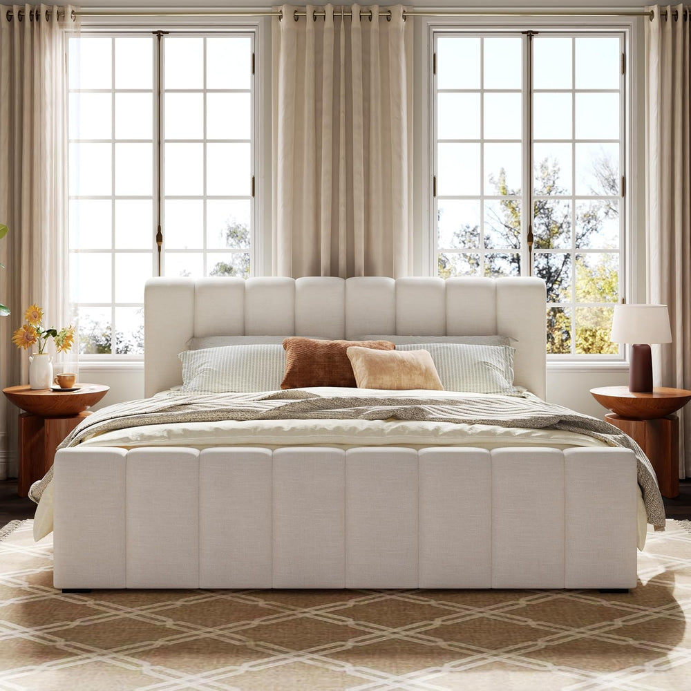 Merax King Upholstered Bed with Thick Headboard and Footboard, Beige