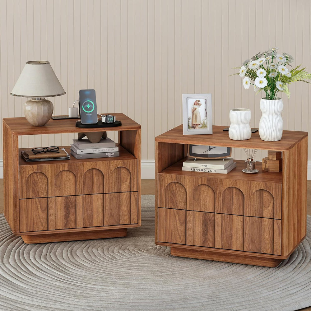 FurSch Mid Century Modern End Table with Charging Station Set of 2, 23.62” Wi...