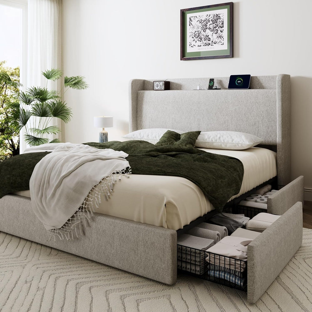 SHA CERLIN Queen Size Storage Bed Frame with 4 Oversized Drawers, Modern Wing...