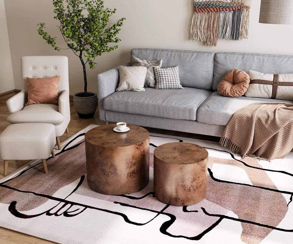 Nesting Coffee Table Set of 2, Modern Round Coffee Table, Wooden Circle Accen...