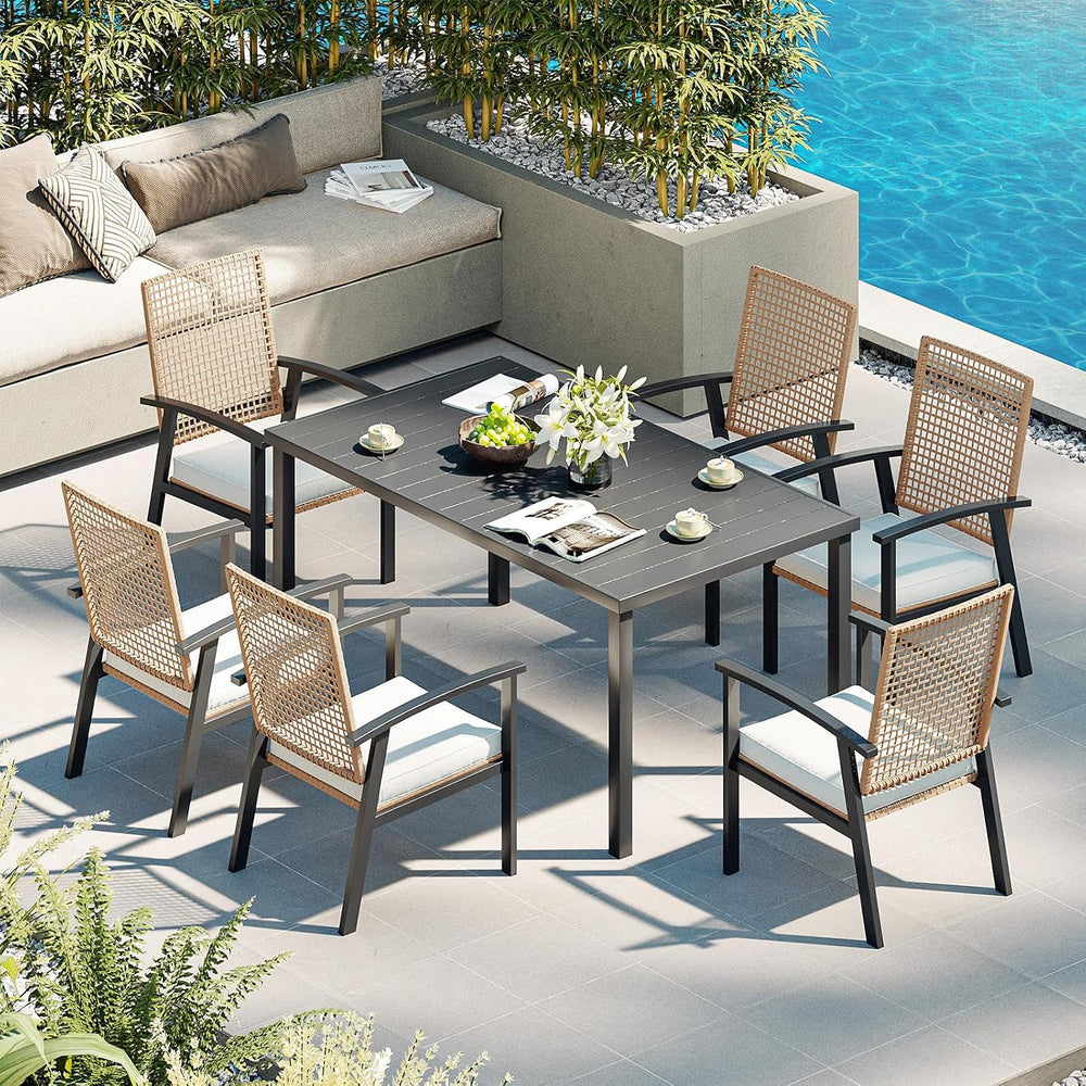Aoxun 7-Piece Wicker Patio Table and Chairs Set for 6 with Umbrella Hole