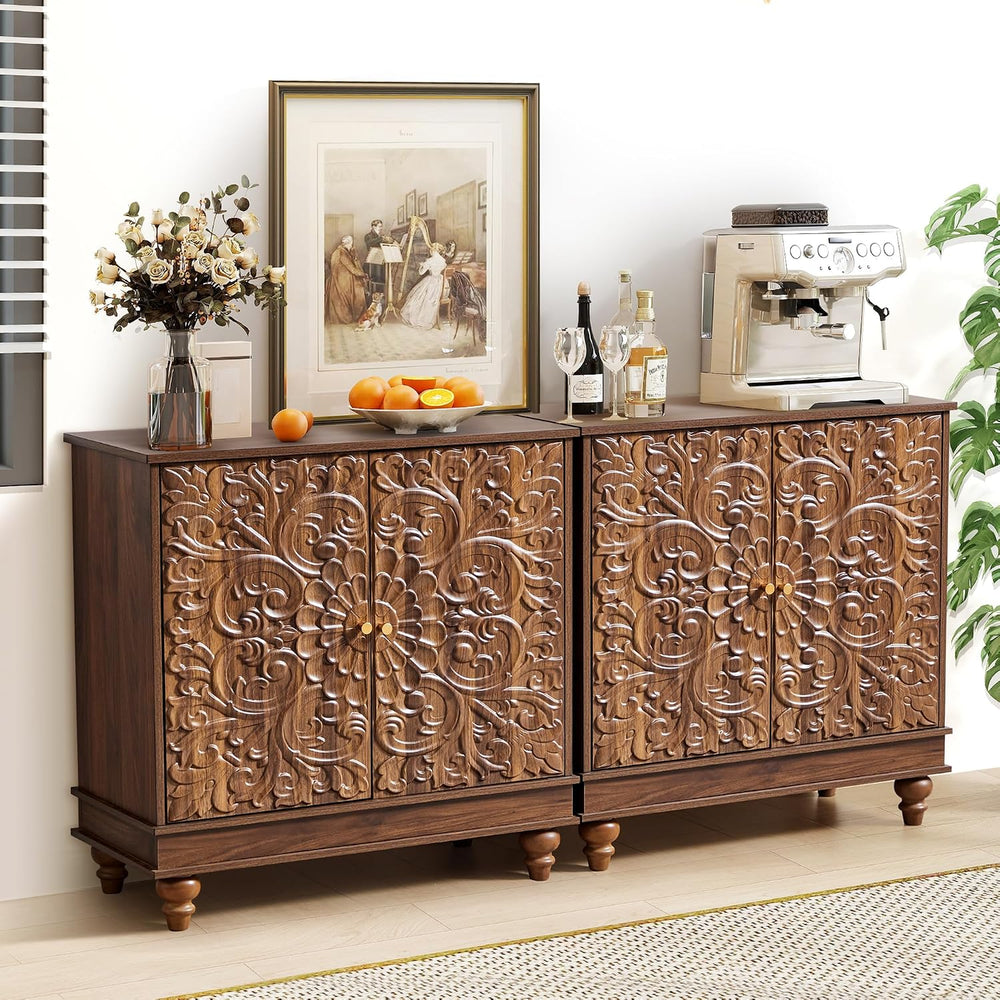 weselon Accent Cabinet with 2 Doors, Farmhouse Carved Buffet Sideboard with A...