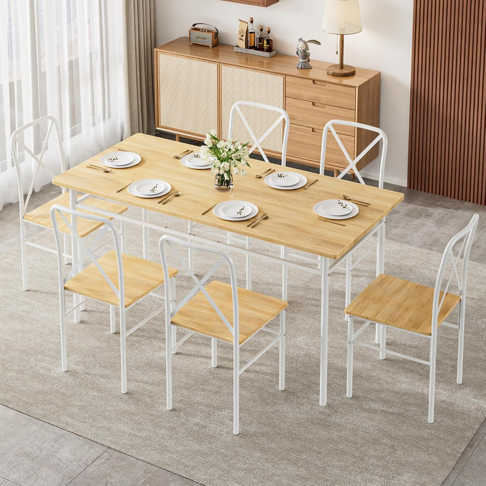 VECELO 7-Piece Dining Table Set for 6, Wood Dinette with Chairs, Natural White