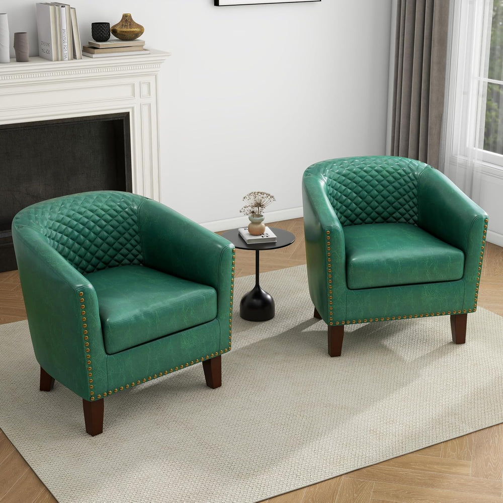 PU Leather Barrel Accent Chairs Set of 2, Upholstered Armchair, Green