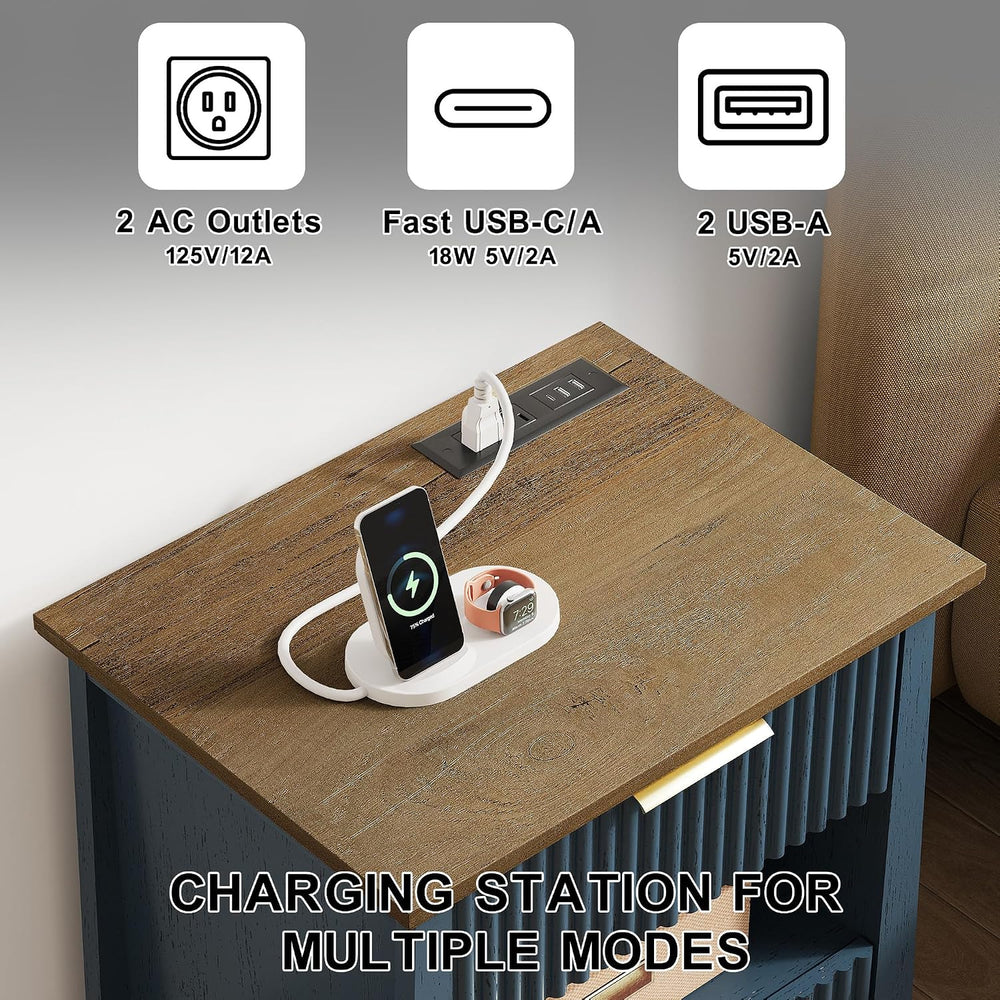 HIFYOBRO Fluted End Table with Charging Station and Motion Sensor Light, Mode...