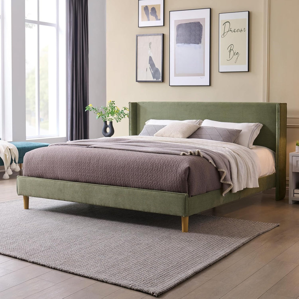 King Corduroy Upholstered Platform Bed with Headboard Wingback, Turtle
