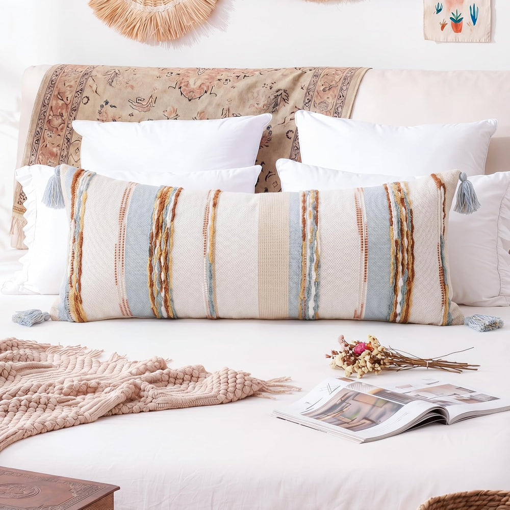 PANOD Boho Long Lumbar Throw Pillow Cover 16 x 36 Blue Brown, Chenille Moroca...