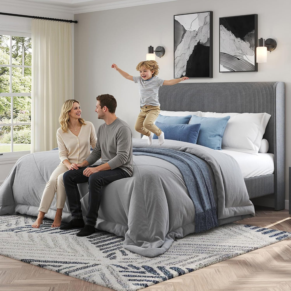 King Bed Frame, Upholstered Platform Bed with Corduroy Headboard, Grey