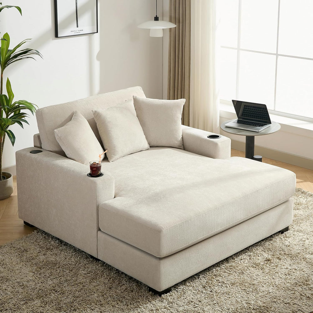 Merax Modern 55" Chaise Lounge with Pillow, Charge Station & Cup Hol...