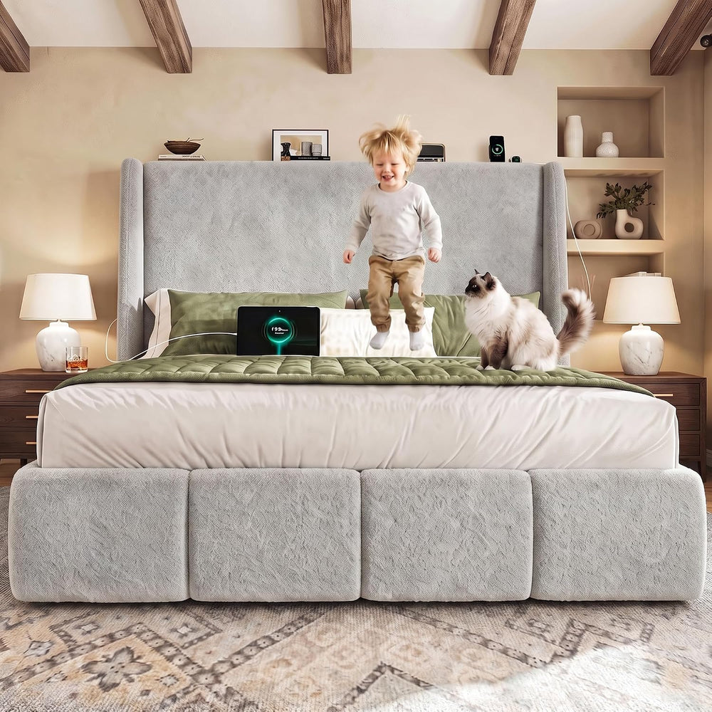 LARMACE Queen Size Bed Frame 54.2" Extra Tall Wingback Headboard, Lambsw...