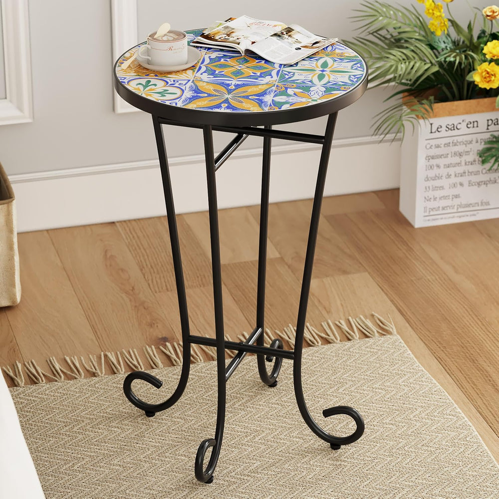 Outdoor Round Side Table,Ceramic Top Patio End Table with Metal Frame,Modern ...