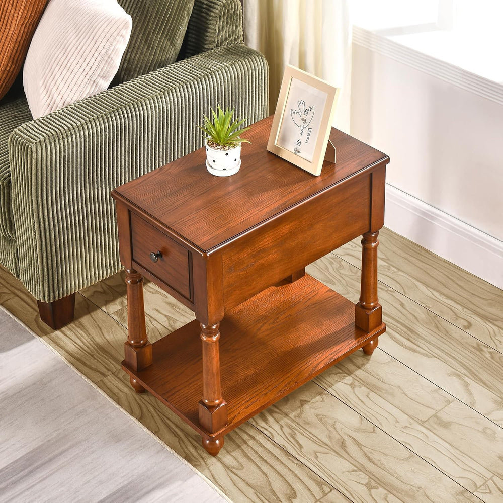 Set of 2 Narrow End Table with Drawer, 2-Tier Tables, Cherry Brown | Skinny E...