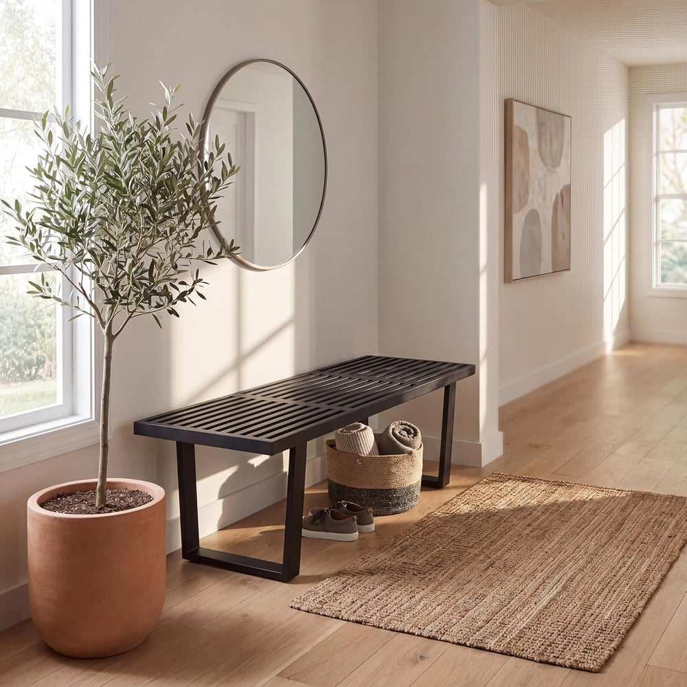 HNY Modern Entryway Bench Black Wood Minimalist Nelson Bench with Metal Legs ...